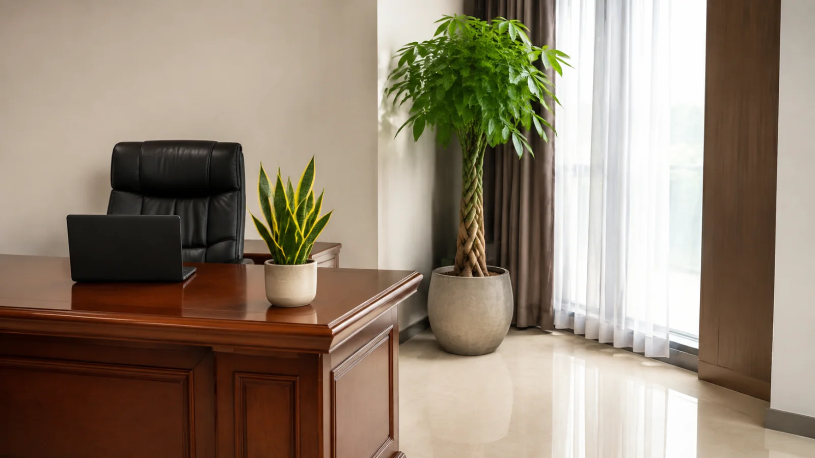 Cây để bàn giám đốc và kim ngân thắt bím kê cạnh cửa sổ