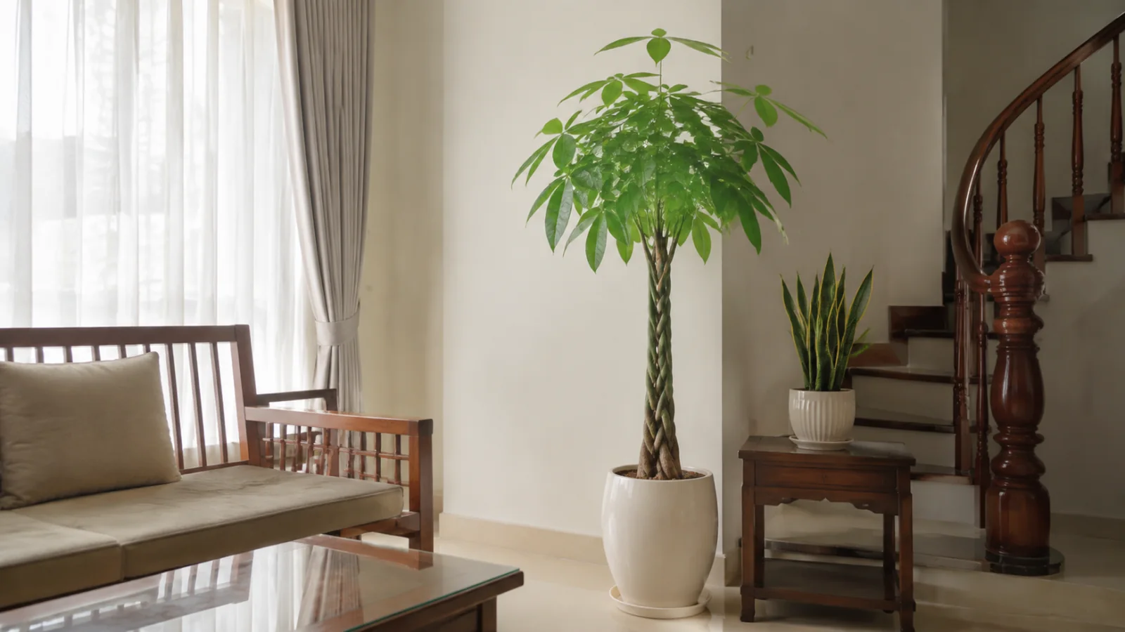 Cây kim ngân và lưỡi hổ viền vàng đặt trong phòng khách sáng