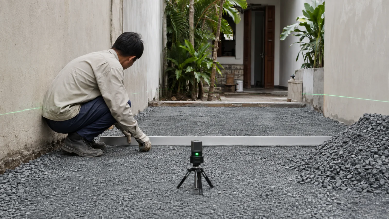 Đo chiều dày lớp lót nền để tính khối lượng đá mi