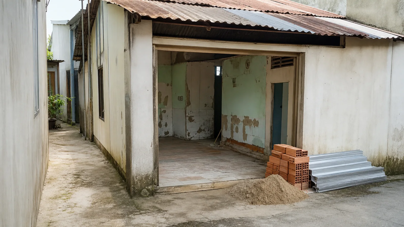 Cải tạo nhà cấp 4 trong hẻm với mái tôn và nền cũ
