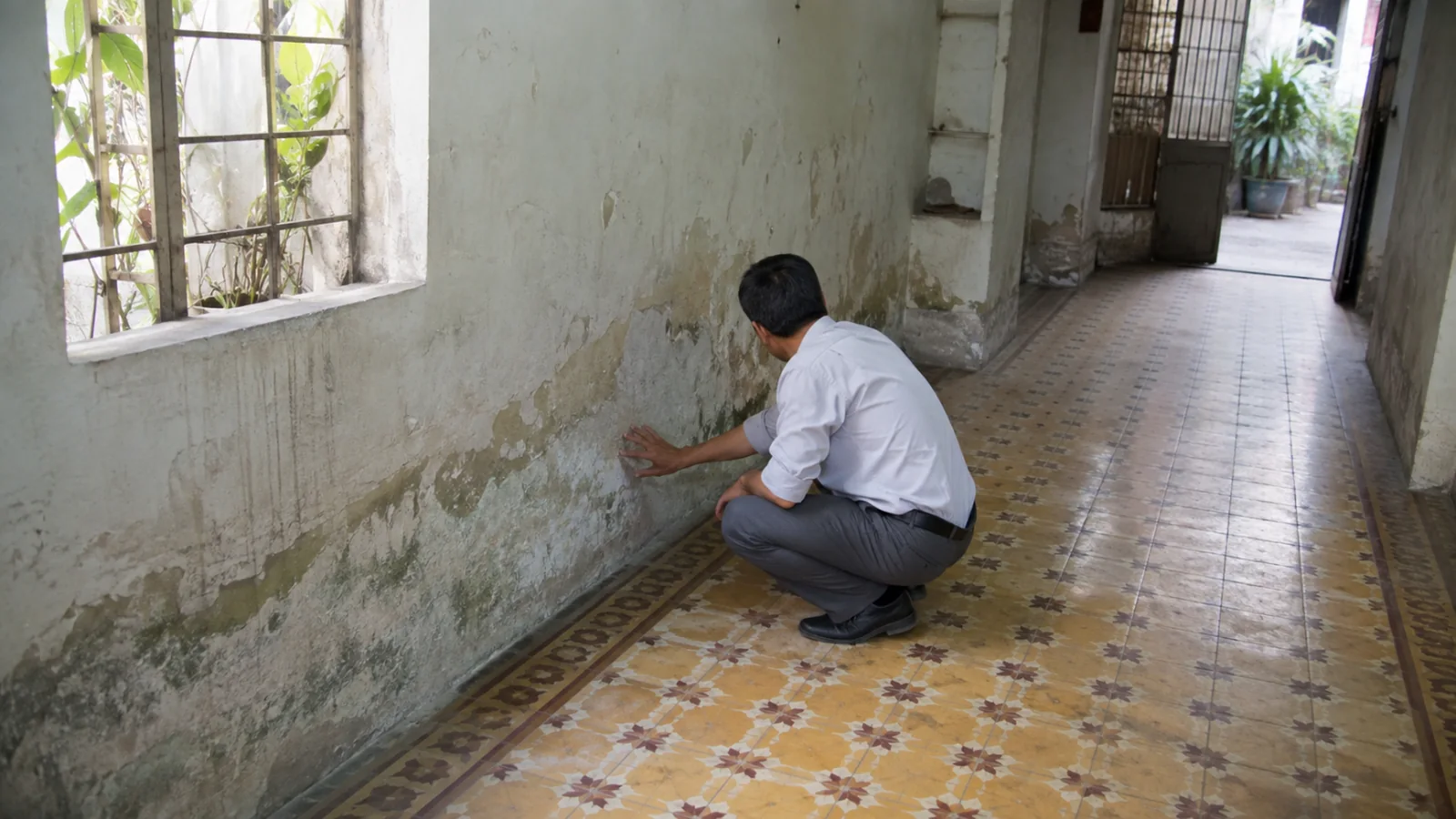 Khảo sát chân tường thấm và nền nhà cũ trước cải tạo