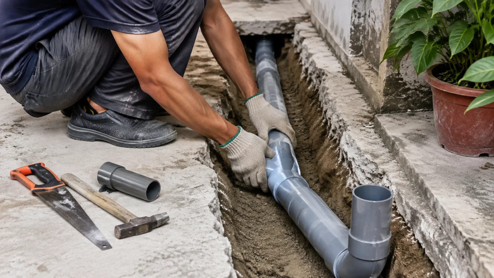 Kiểm tra đường ống thoát nước trước khi bù nền và lát gạch