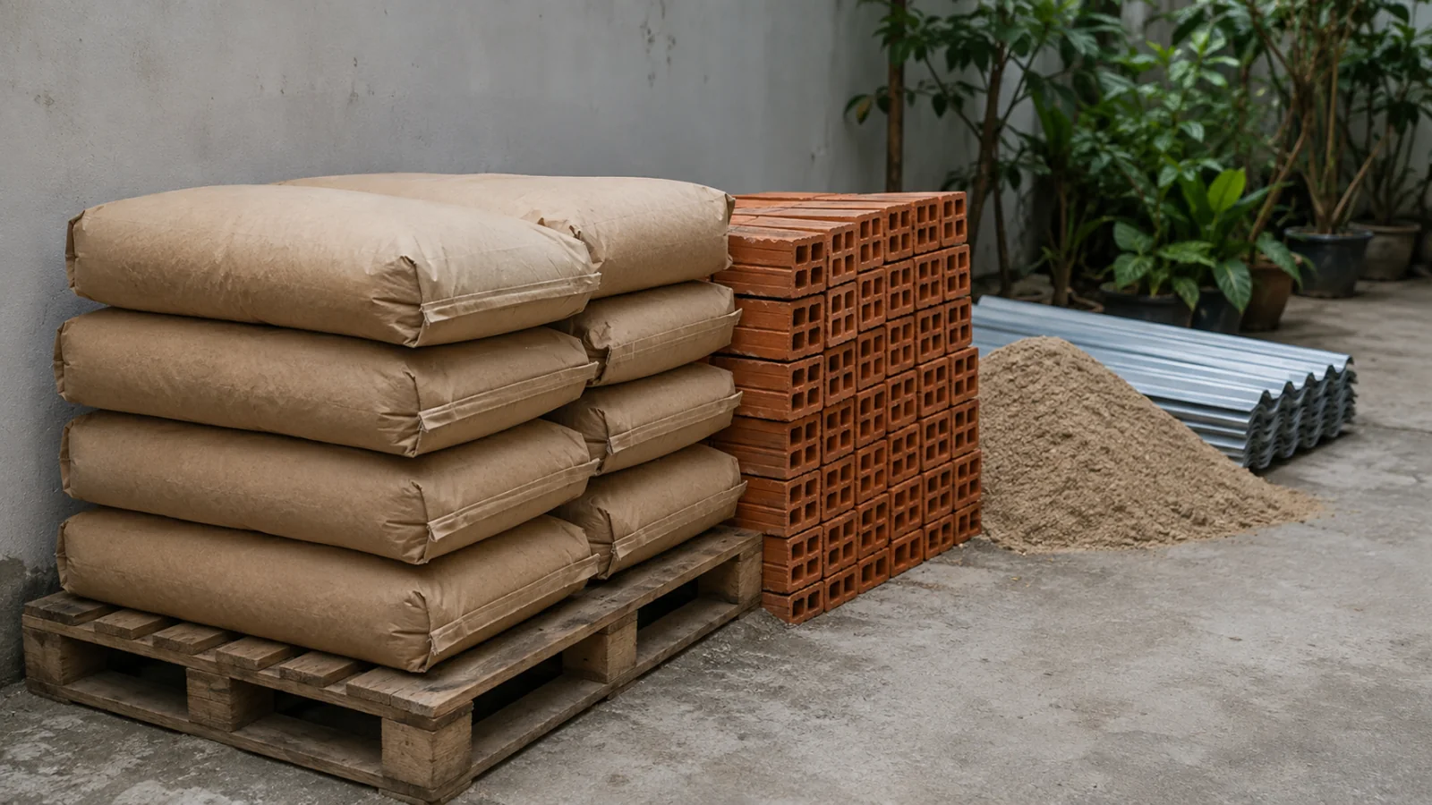Xi măng, cát xây tô và gạch ống chuẩn bị sửa nhà