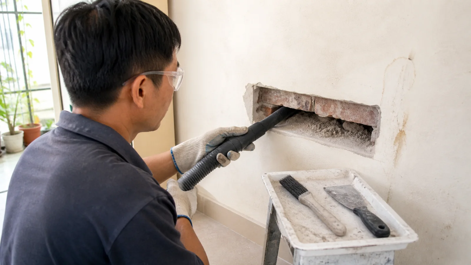 Làm sạch bụi trong hốc trước khi trám lỗ tường