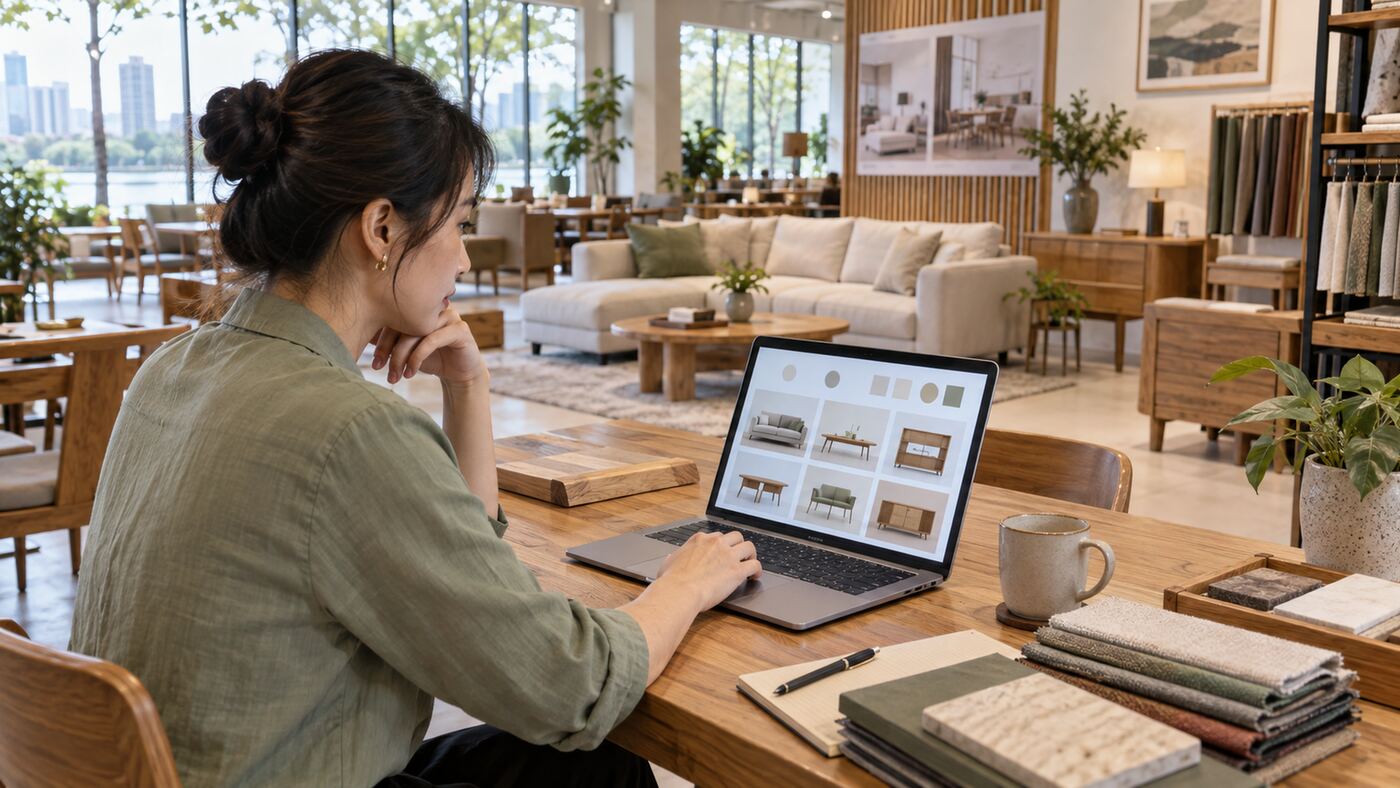 Góc làm việc minh họa chủ đề công ty thiết kế website nội thất