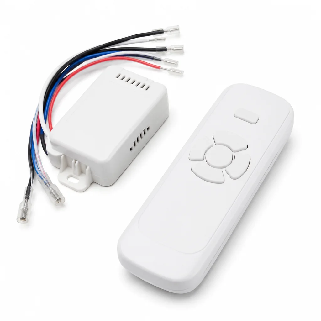 Bộ điều khiển quạt trần và đèn màu trắng gồm mạch thu, remote và đế treo đặt trên bàn phòng ngủ