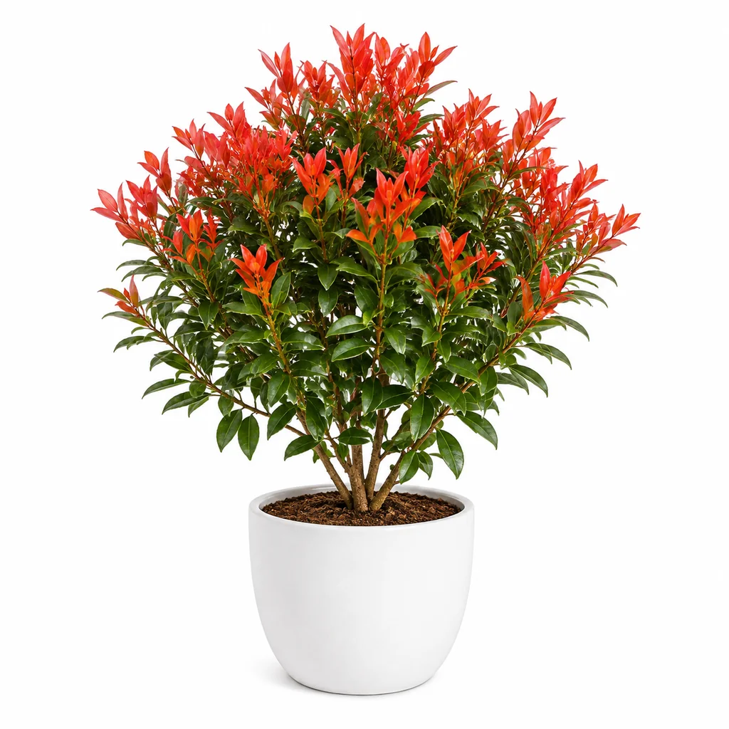 Cây hồng lộc cao 60–120cm với đọt non hồng đỏ trồng chậu trước sân nhà