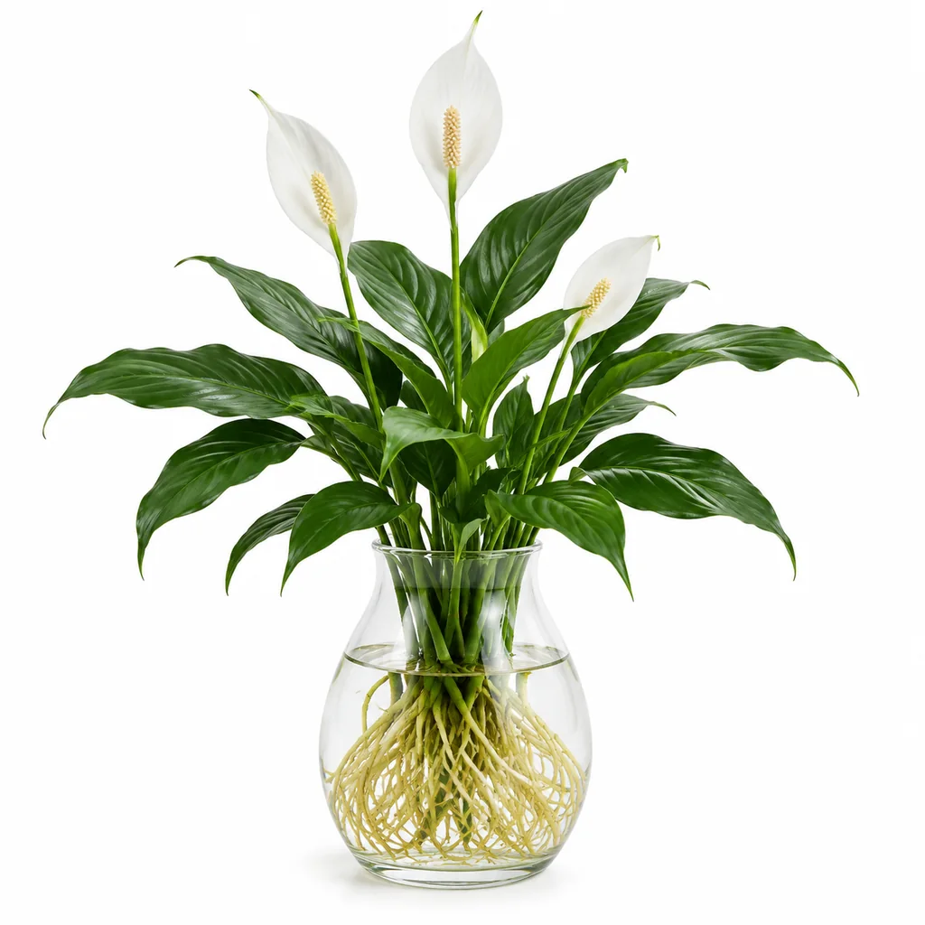 Cây lan ý thuỷ sinh trong bình thuỷ tinh 15cm đặt trên bàn tiếp khách cạnh cửa sổ có rèm