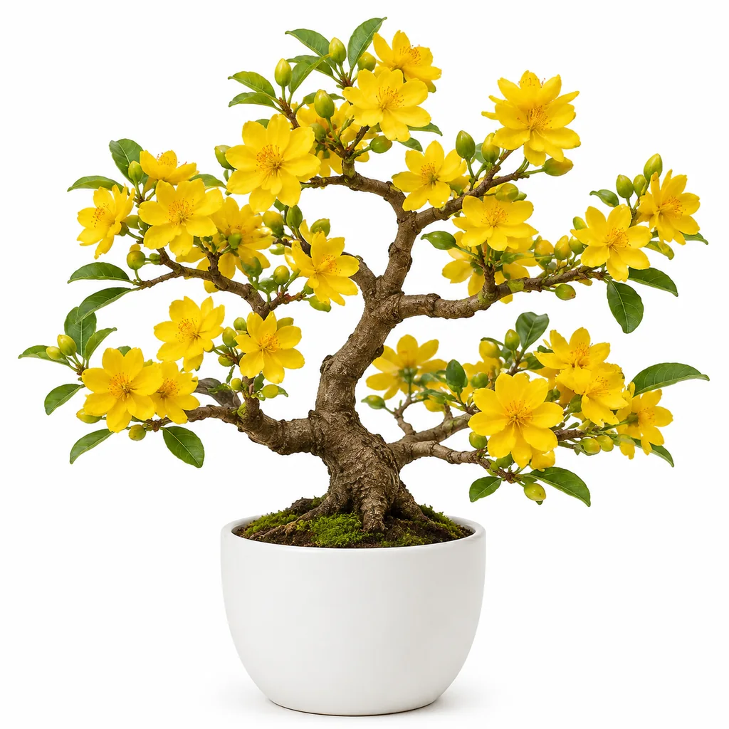 Cây mai đại lộc cao 50–80cm chưng trong chậu trước hiên nhà có nắng