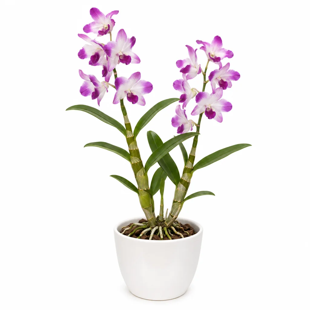 Chậu hoa lan dendro 2–3 cành đặt cạnh cửa sổ sáng ở quầy đón khách