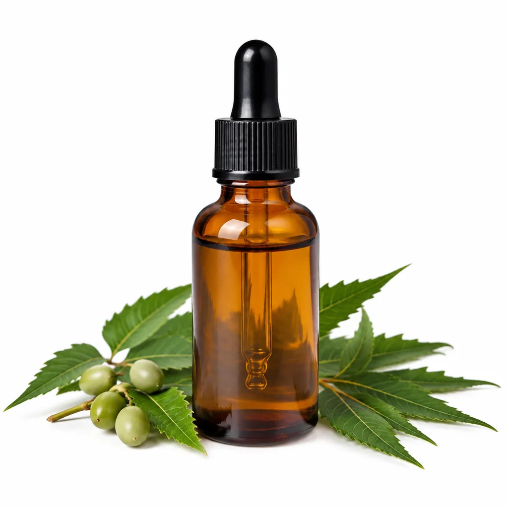 Chai dầu neem nguyên chất ép lạnh trị côn trùng 100ml xếp trên bàn kệ
