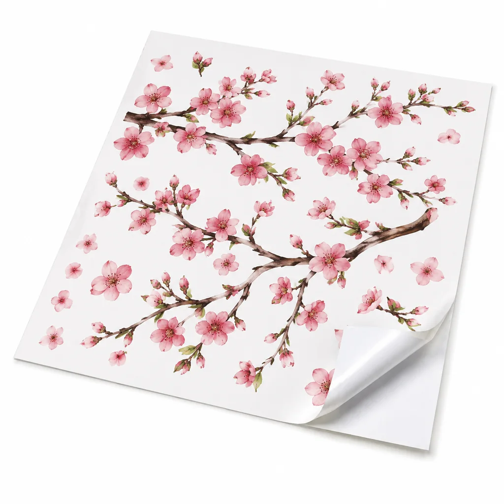 Decal dán tường trang trí tết phong cảnh hoa đào ghép cùng trúc và núi trên vách tiếp khách