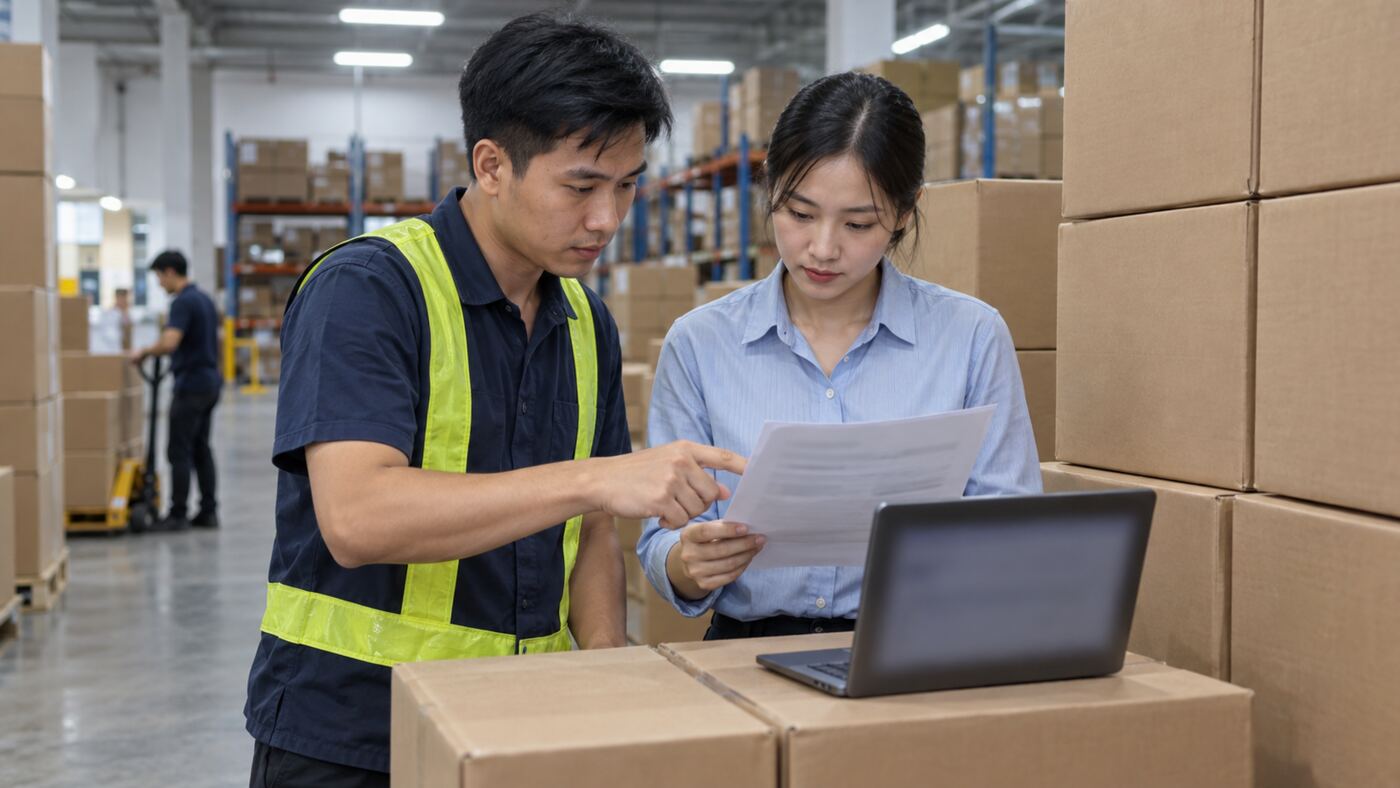 nhân viên kho đối soát chuyển khoản tiền cọc đơn nhập hàng