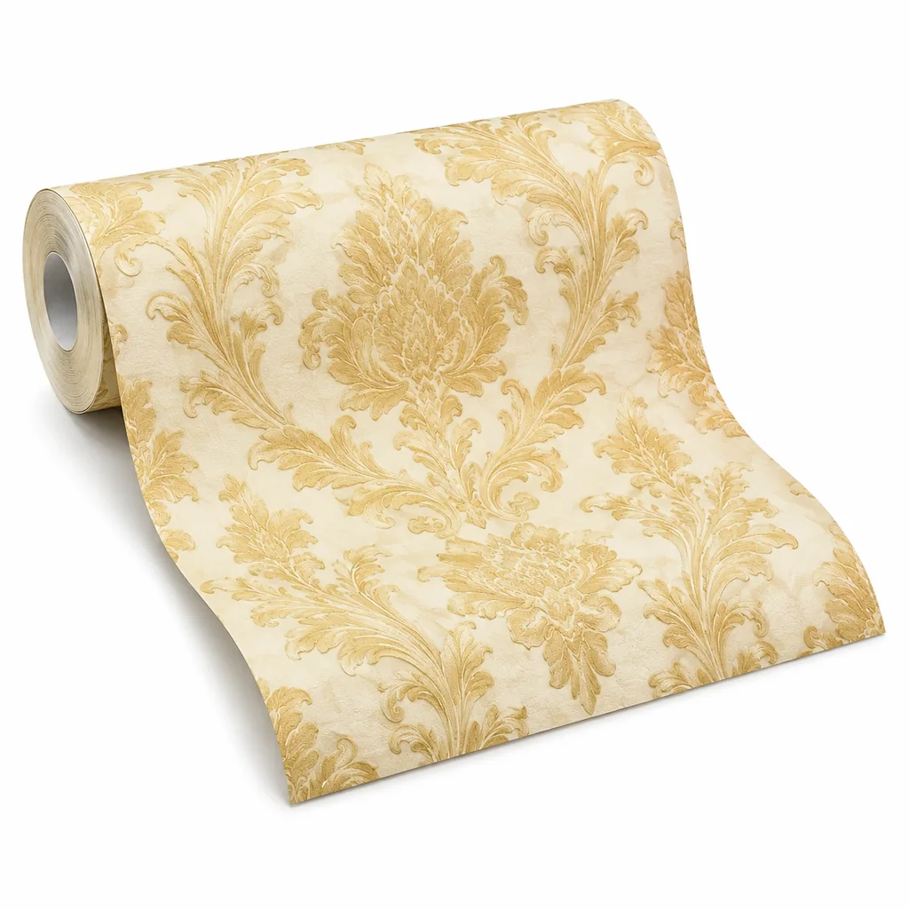 Giấy dán tường Alisha 3901-2 hoa văn cổ điển màu xám bạc và vàng trên mảng đầu giường