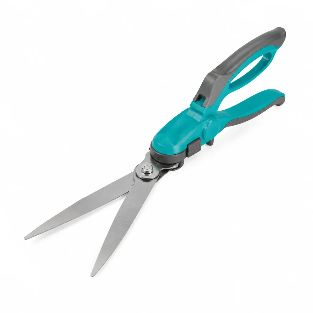 Kéo cắt cỏ cầm tay Gardena 08733-20 đặt cạnh viền cỏ và bồn hoa trong sân nhà