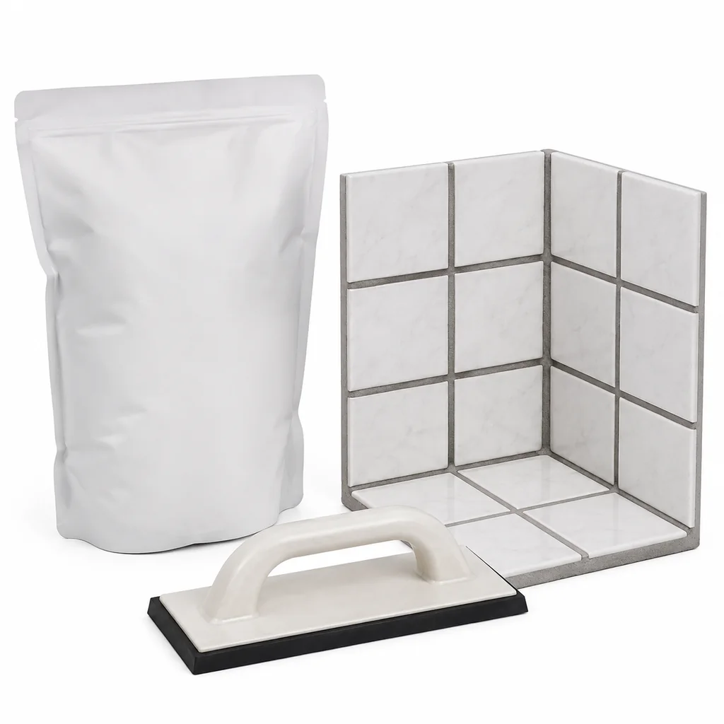 Keo chà ron gạch gói 1kg đặt cạnh nền gạch đang hoàn thiện đường ron