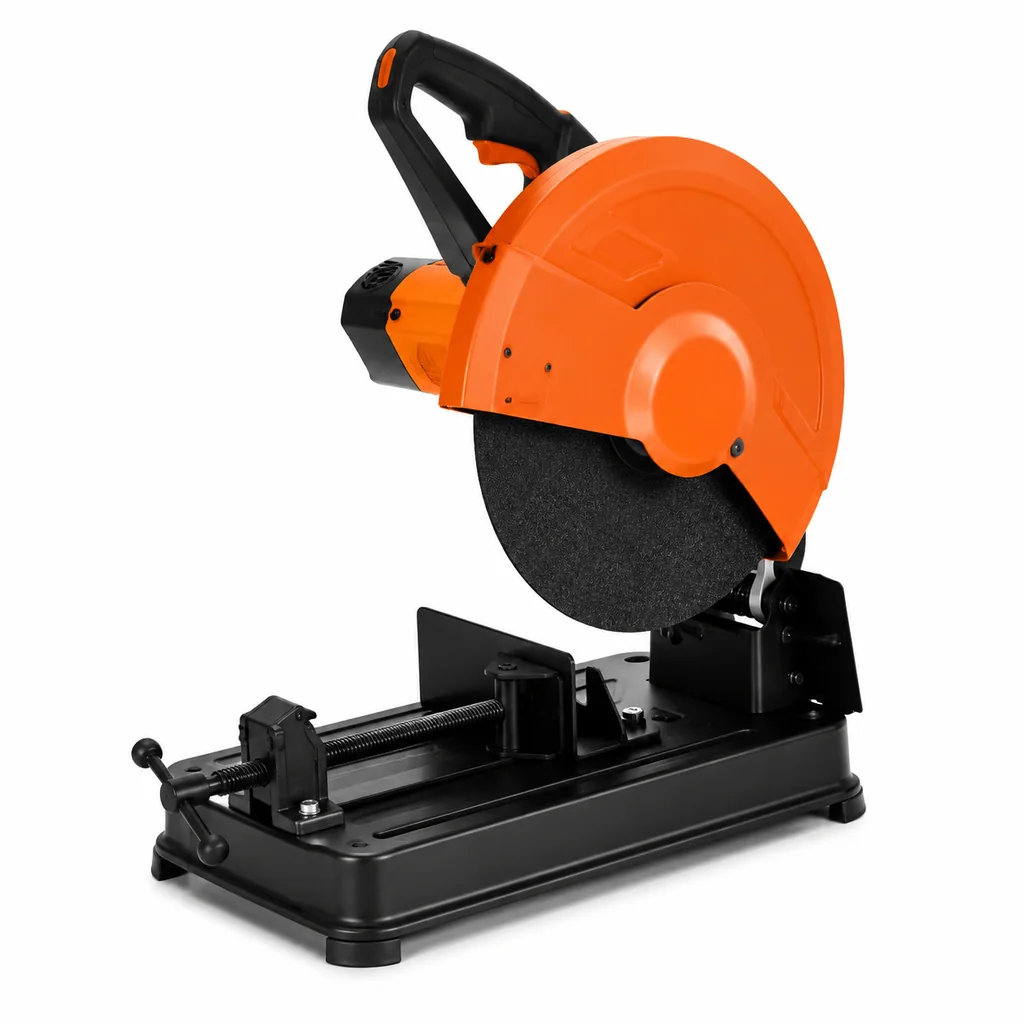 Máy cắt sắt để bàn Tolsen 79538 2500W màu vàng đen đặt trên bàn làm việc xưởng cơ khí